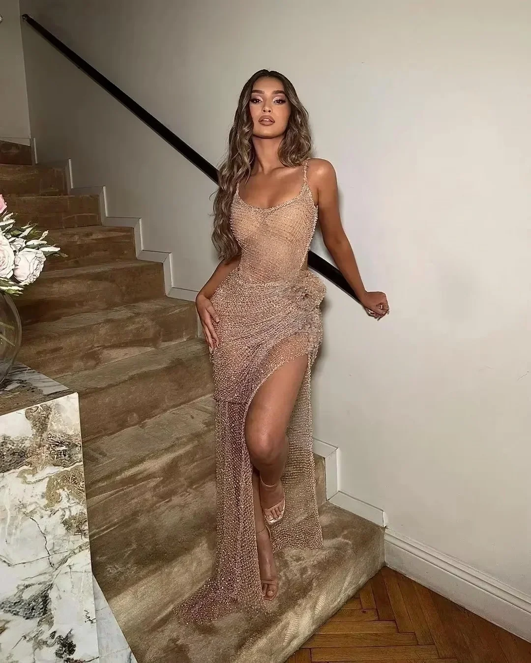 Women Spaghetti Strap Mermaid Prom Dresses Full Beading High Slit Long Evening Gown Elegant Wedding Party Dresses