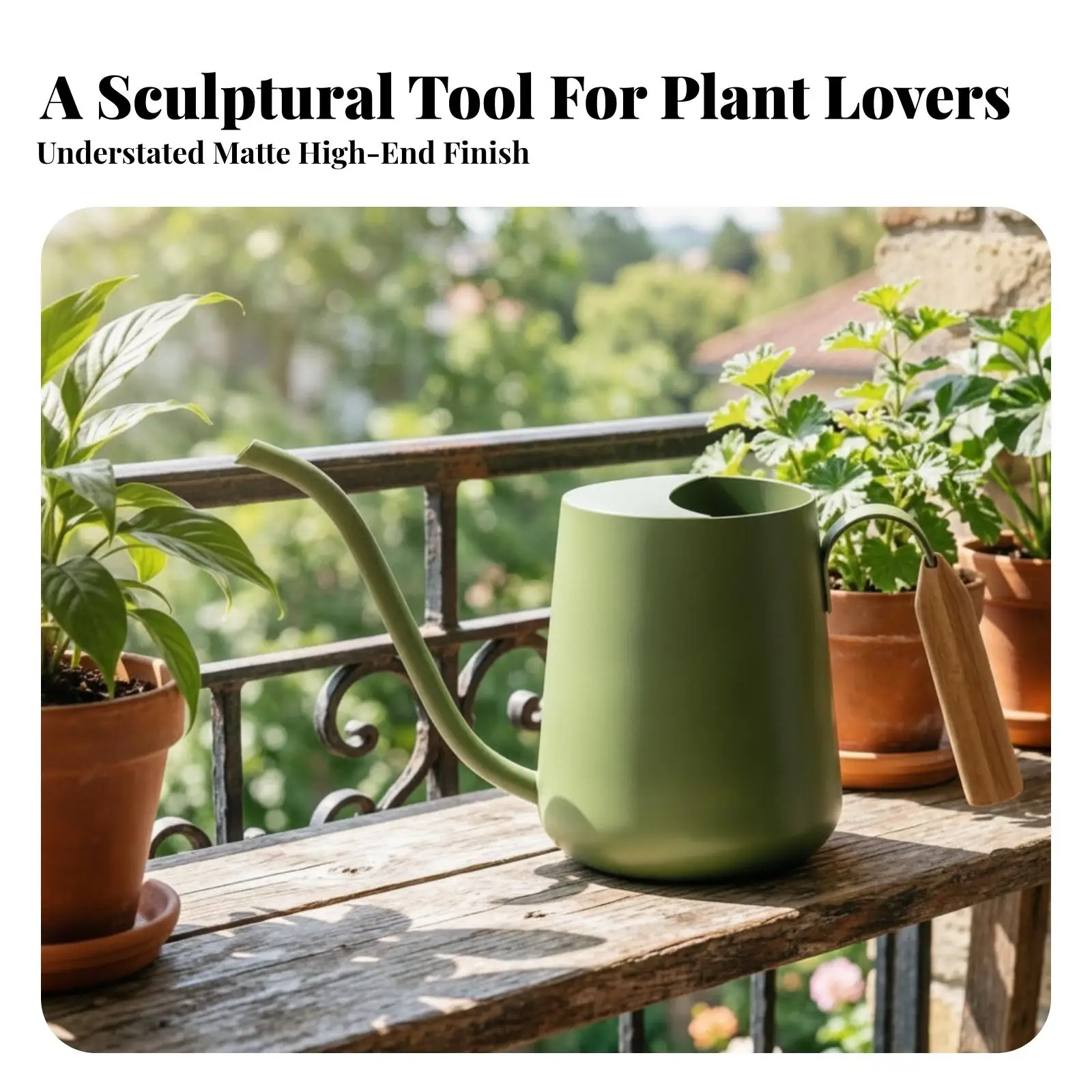 Long Spout Metal Watering Can for Indoor Plants Beech Wood Handle Gardening Watering Jug for Potted Flowers Succulents