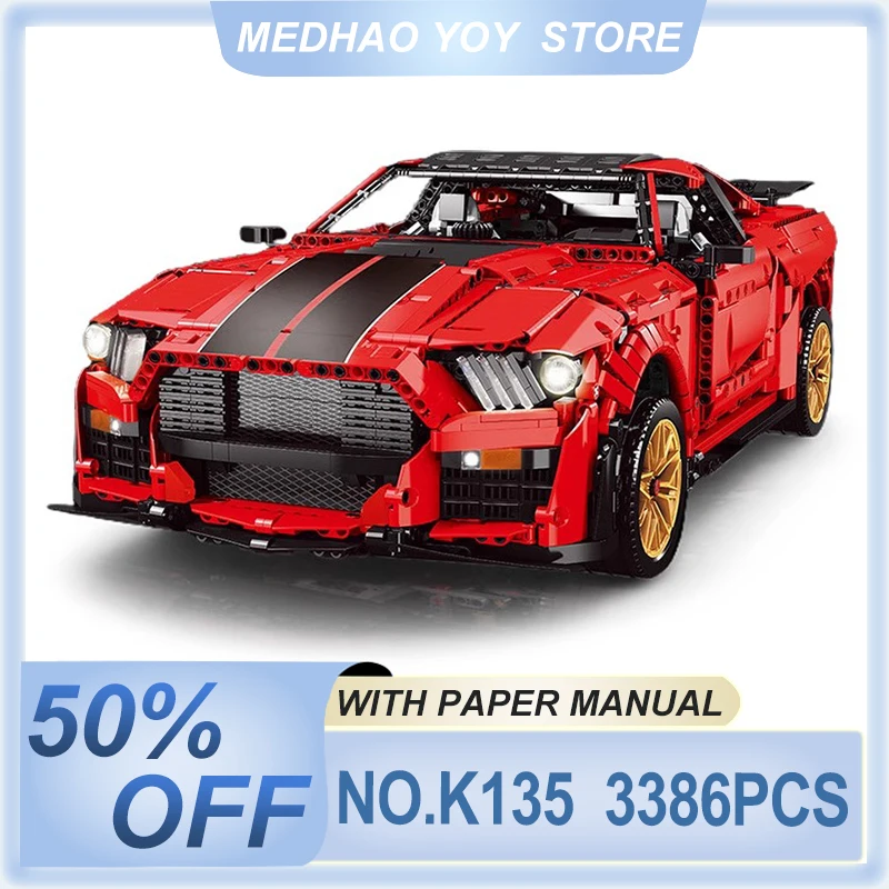 New K135 GT500 Model 1:8 Super Sports Fast Racing Car Technical Mustang Vehicle Building Blocks Bricks DIY Toys Children's Gifts