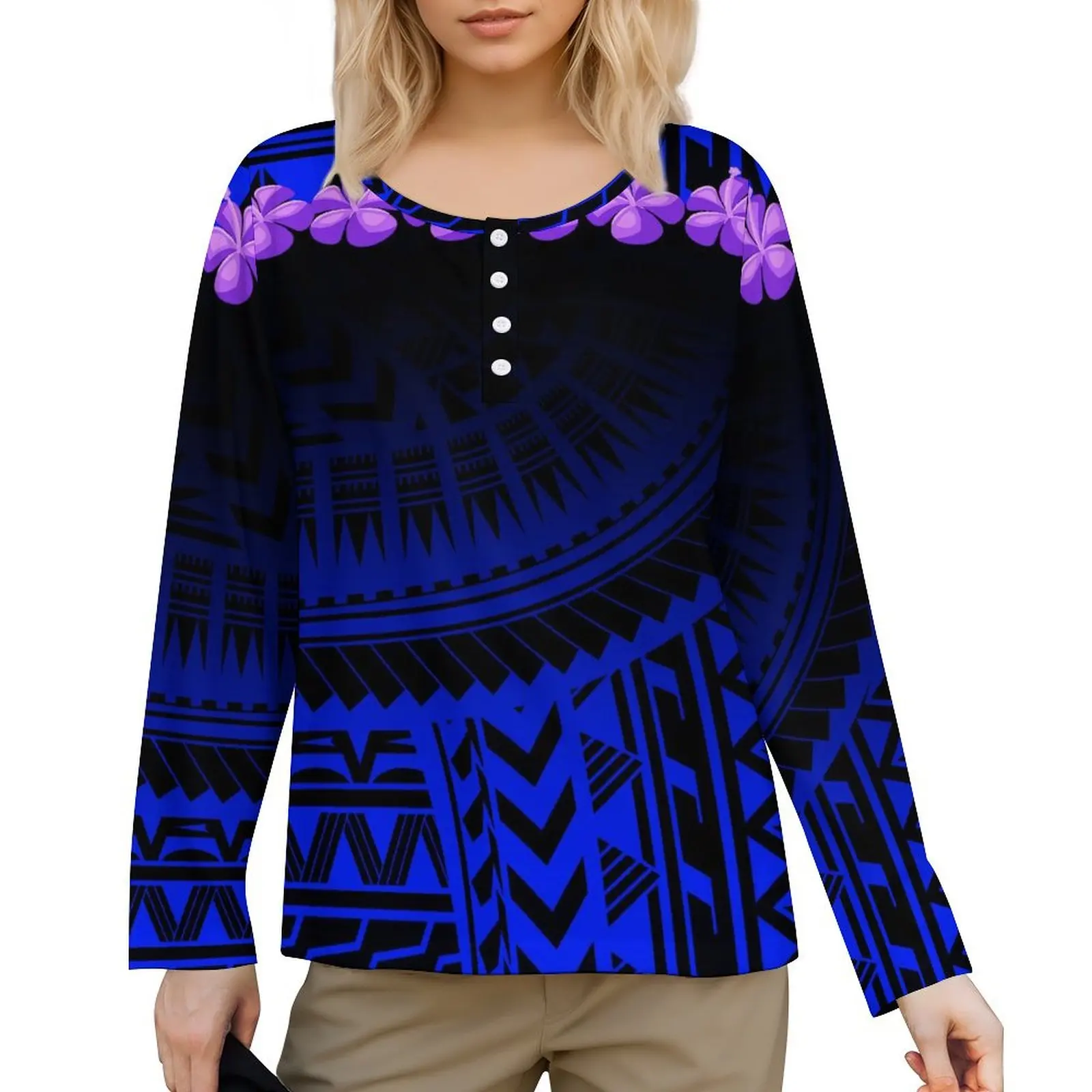 

Polynesian National Ladies Custom Top Custom Wholesale Quality Fabric Daily Commuter T-Shirt New Design Fashion Long-Sleeved Top