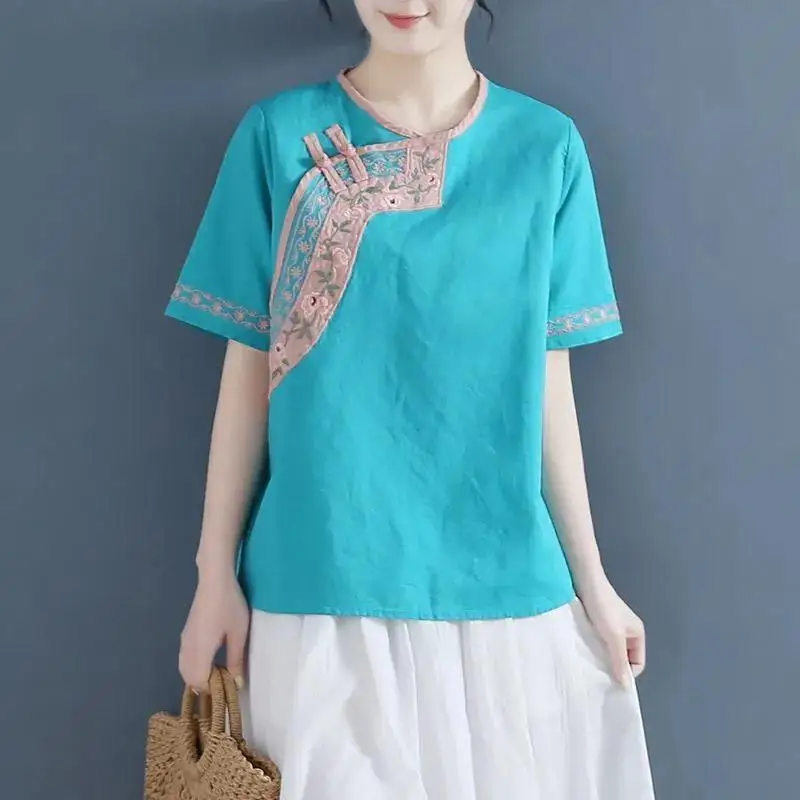 

Summer Vintage Embroidery Patchwork Cotton Linen Blouse Ladies Short Sleeve Ethnic Style Loose Casual Top Women Pullover Shirt