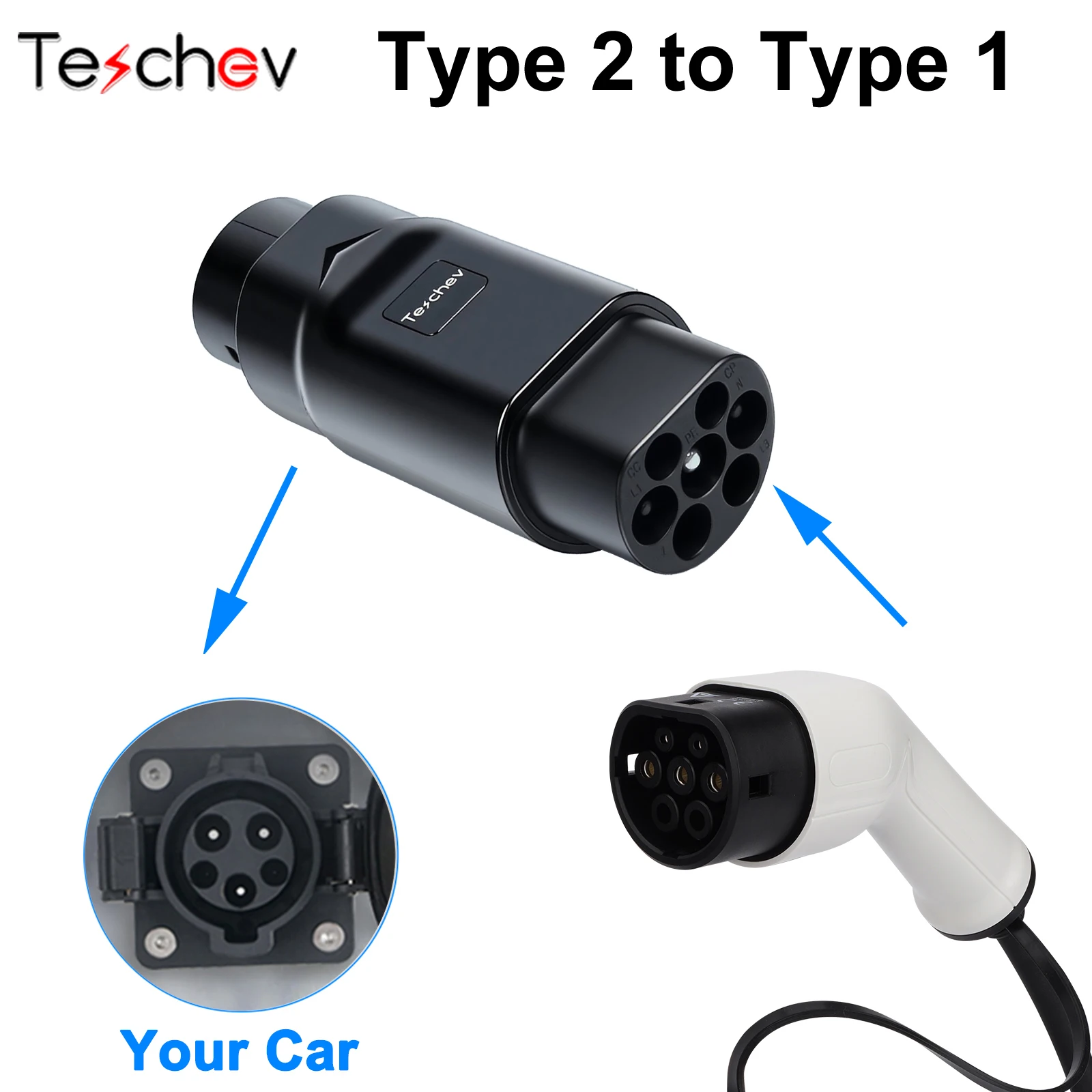 

Адаптер EV IEC 62196 Тип 2 на Тип 1 J1772 32A Разъем зарядного устройства EVSE Преобразователи зарядки для электромобилей
