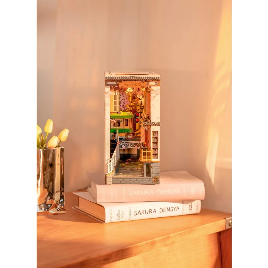 ROBOTIME DIY Book Nook Kit Decorative Bookend Insert Bookcase Book Stand Miniature House Kit with LED Light Creative Gift for B