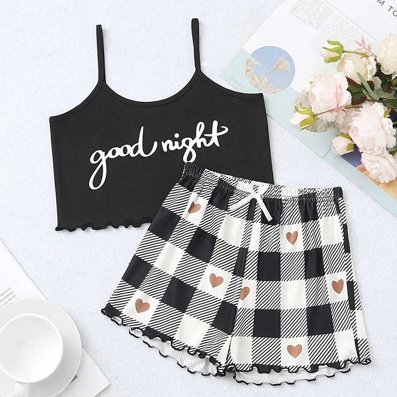 

Sexy Womens Good Night Print Cami Pajama Set Plaid Shorts Two Piece Sleepwear Loungewear for Home Wear
