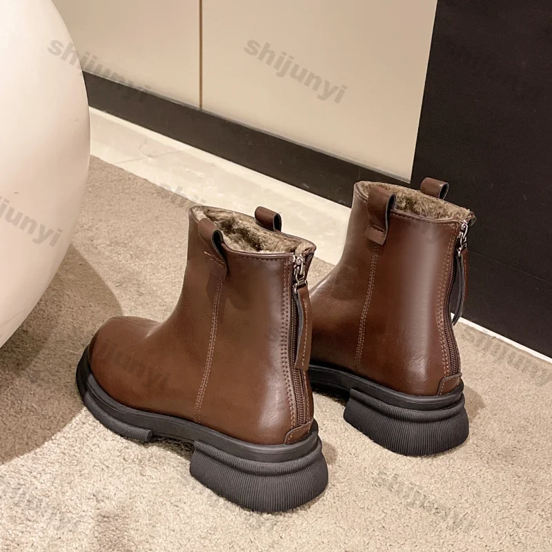 Botas curtas de lã grossa quente das mulheres outono inverno novas botas versáteis feminino salto grosso zíper lateral casual quadrado botas curtas