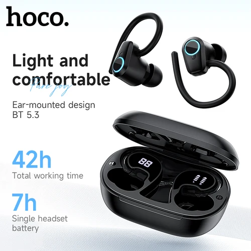 Imagen 1 del producto HOCO EQ8 Bluetooth 5,3 auriculares inalámbricos pantalla LED caja de carga deportes HiFi música ganchos para la oreja auriculares con Control táctil