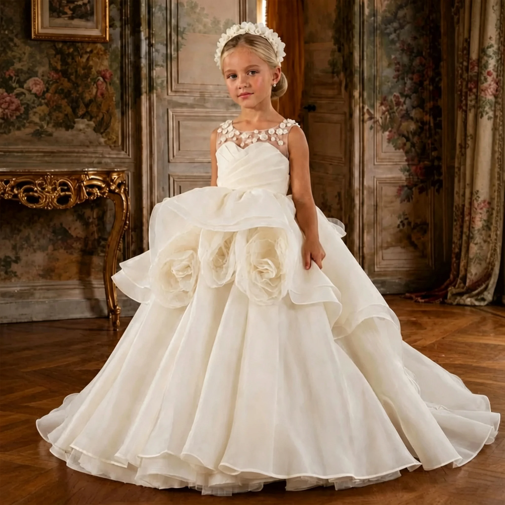 2026 Gorgeous Ivory Flower Girl Dress For Wedding Floral Layered Floor Length Princess First Communion Evening Party Ball Gown