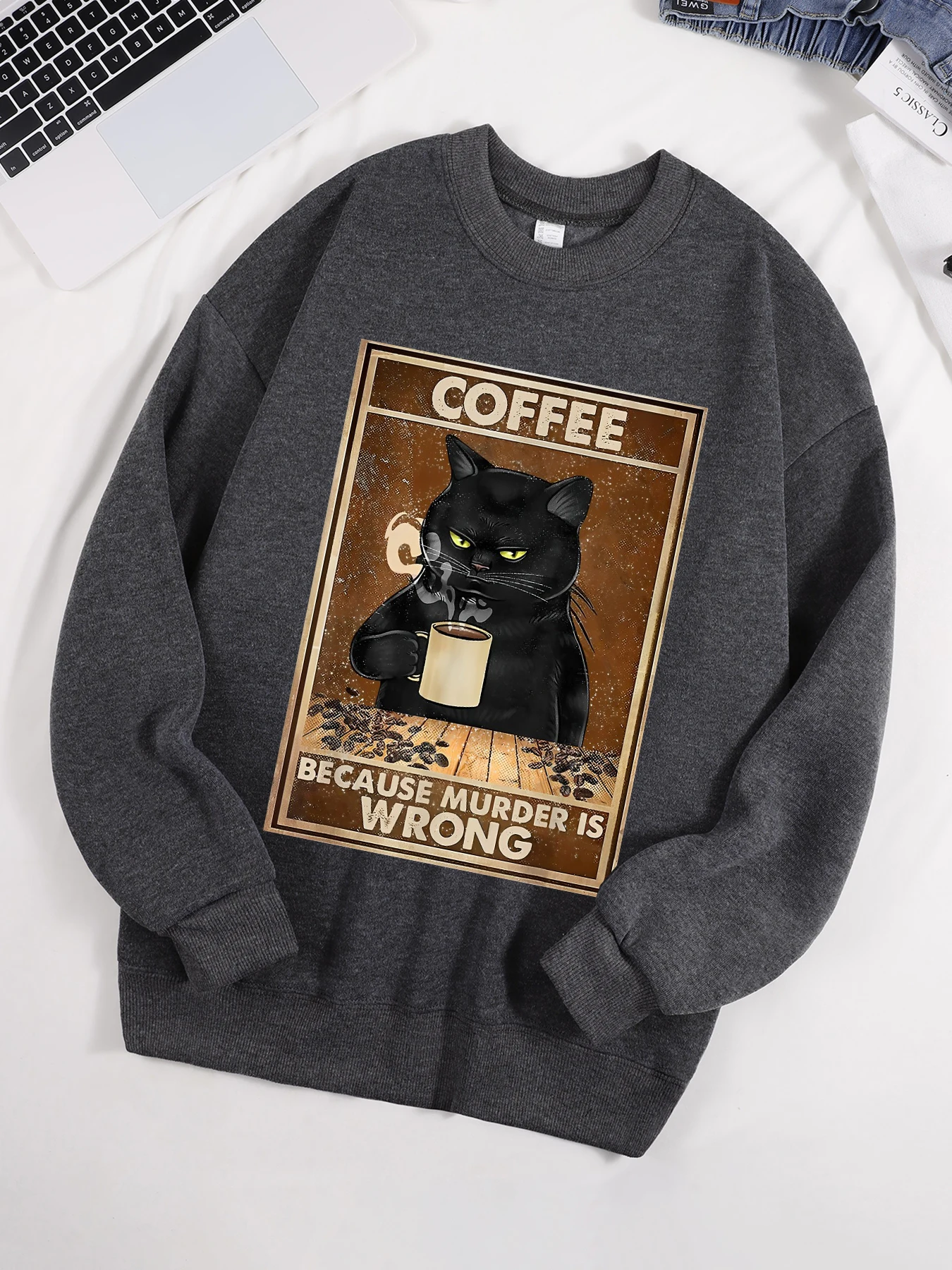 Kaffee, weil Mord falsch ist, bedrucktes Herren-Sweatshirt, Street-Pelz-Liner-Pullover, Fleece-Herbst-Herren-Trainingsanzug mit Rundhalsausschnitt