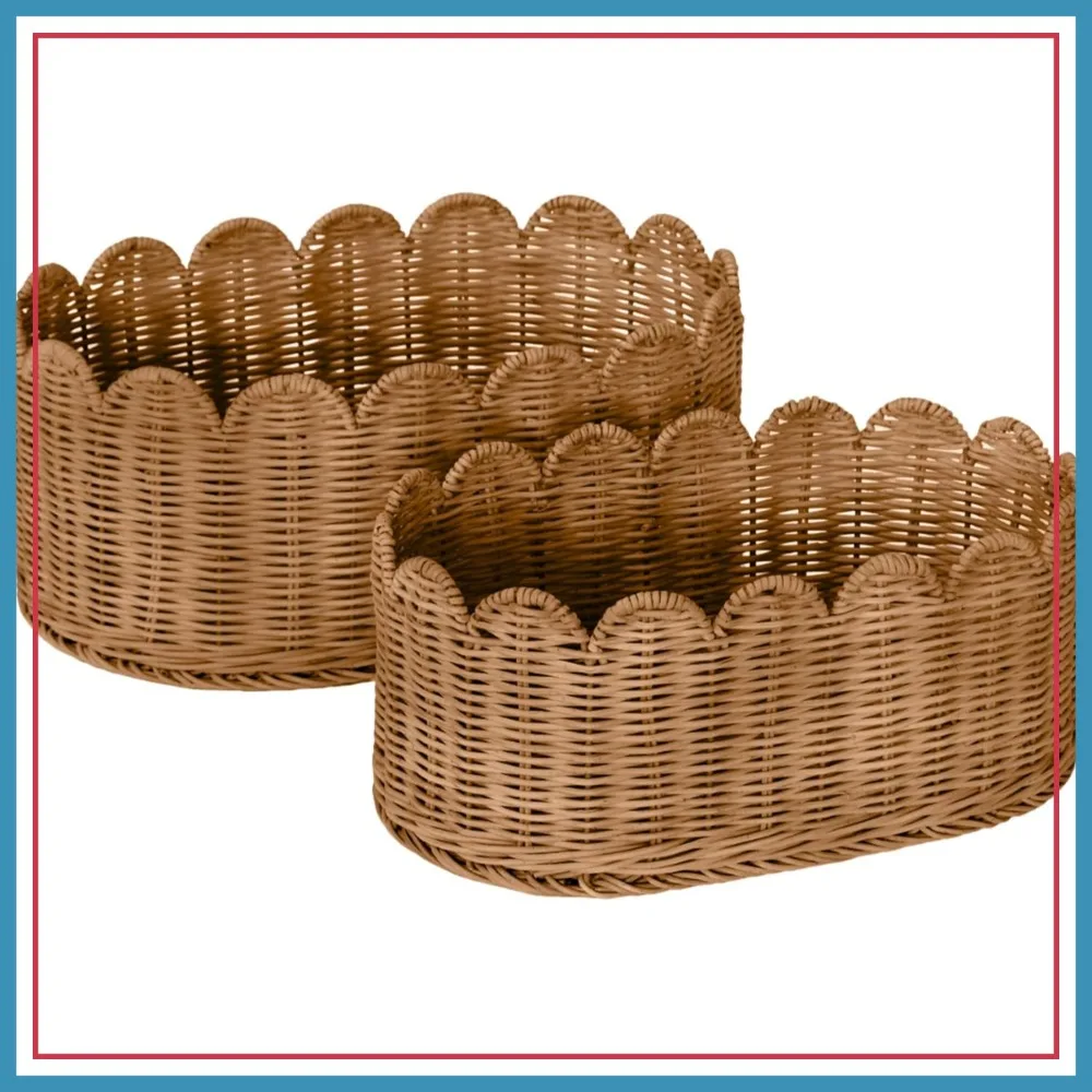 

Premium Scalloped Basket Set Of 2 - Hand-Woven Wicker Baskets - 16x10x7 Inch - Elegant Storage for Home Organization