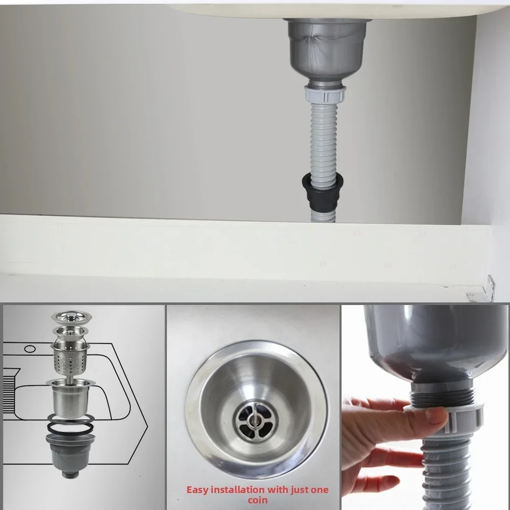 Stainless Steel Drain 110mm Sink Drain Kit For Laundry Tub Wire Mesh Basket SUS304 Easy Install Anti-Odor