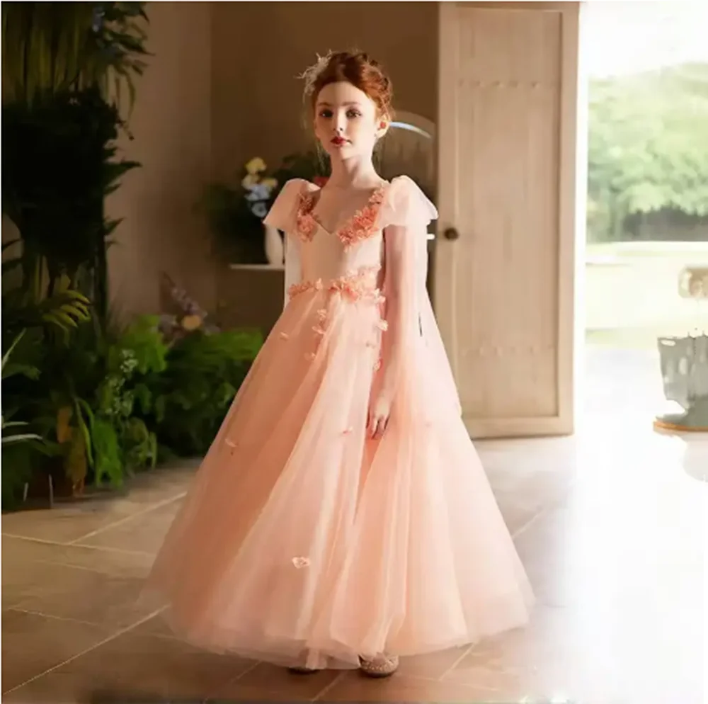 Vestido elegante de hada para niña, vestido de flores con rubor hecho a mano, vestido de princesa rosa con flores para niños, boda, cumpleaños, fiesta de comunión
