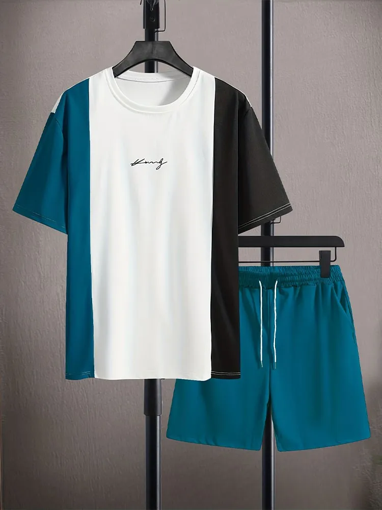 

Fashionable summer men's spliced striped letter printed breathable round neck T-shirt shorts set outdoor vacation casual clothin