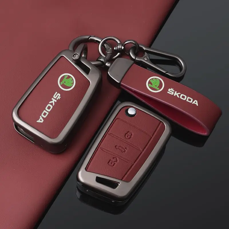 For Skoda Octavia Kodiaq Karoq Zinc Alloy Leather Car Remote Key Case Fob Cover Holder Shell Protector Keychain Accessories New