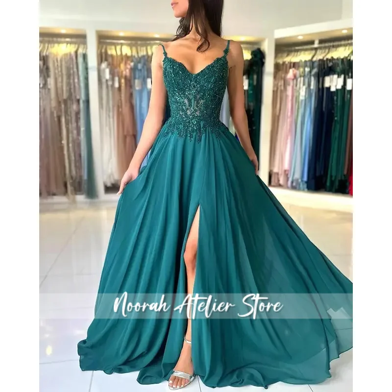 Green Chiffon Evening Dress Women Elegant Applique Suspenders Deep V-neck Backless Bridal Formal Long Ball Gowns Pageant Dress