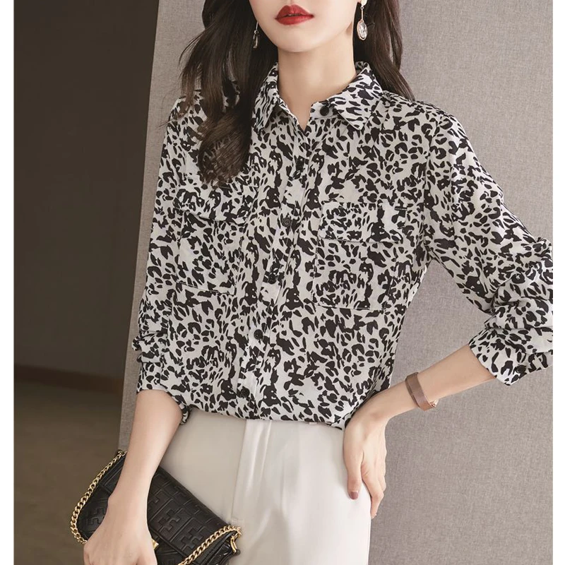 2023 Spring Autumn New Fashion Leopard Print Chic Street Button Up Shirts Casual Simple Long Sleeve Loose Tops Blouses for Women