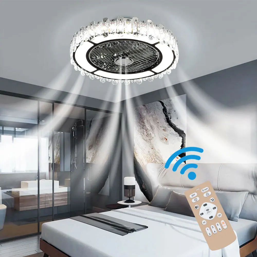 KOMORE Round Crystal Flush Mount LED Ceiling Fan Light with Remote Control 3 Speeds for Office, Living Room, Bedroom