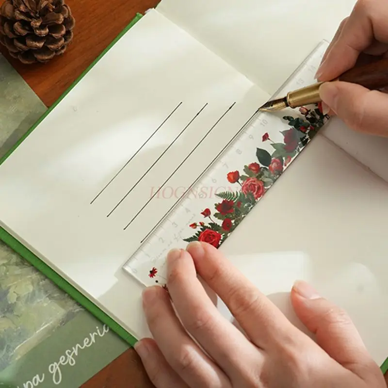 1pcs Simple Flowers and Plants Acrylic Ruler Booklet Student Stationery Straightedge Measurement Text