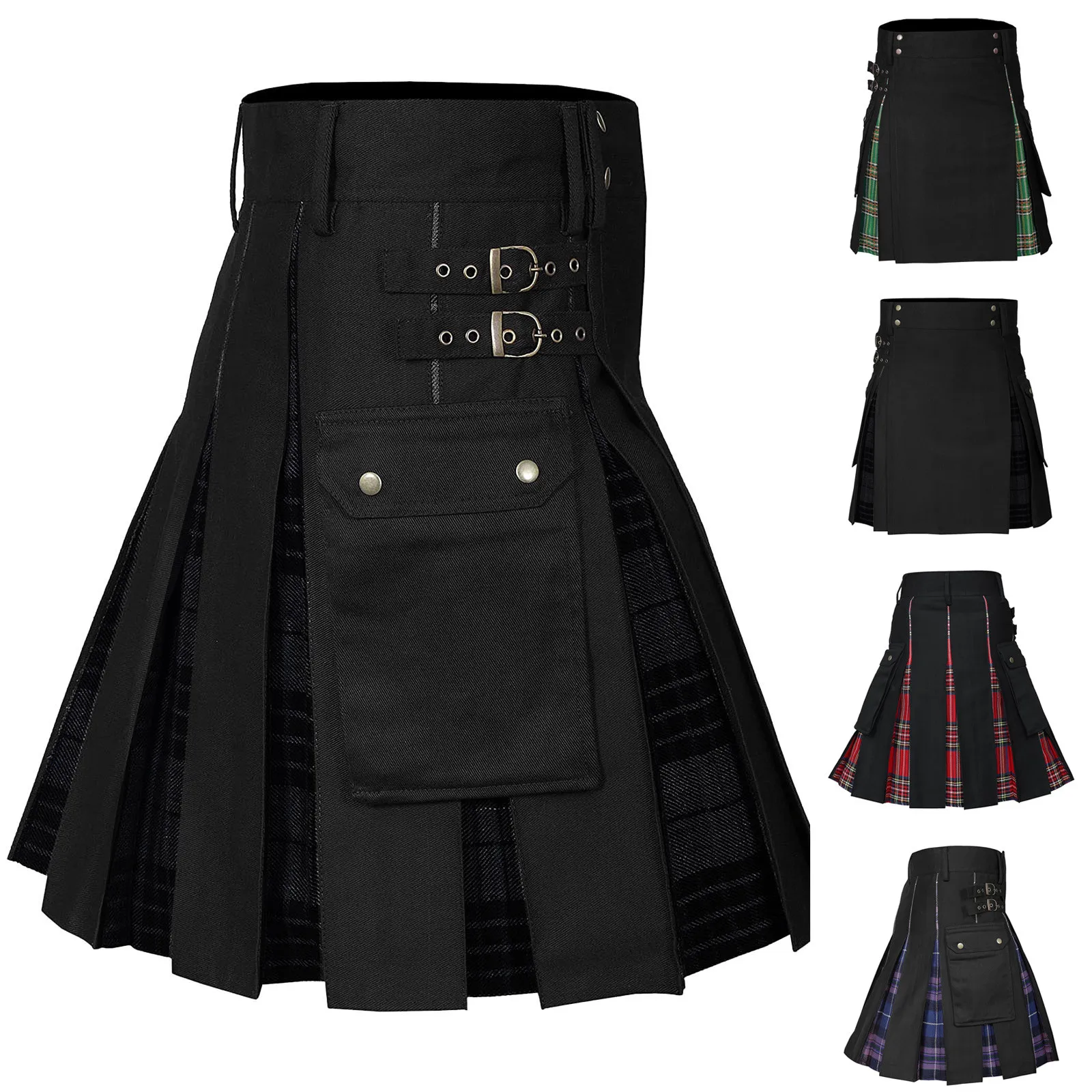 

Men's Fashion Kilt Skirts Scottish Style Plaid Contrast Color Pocket Pants Pleated Tartan Traditional Mens Utility Kilt Skirt