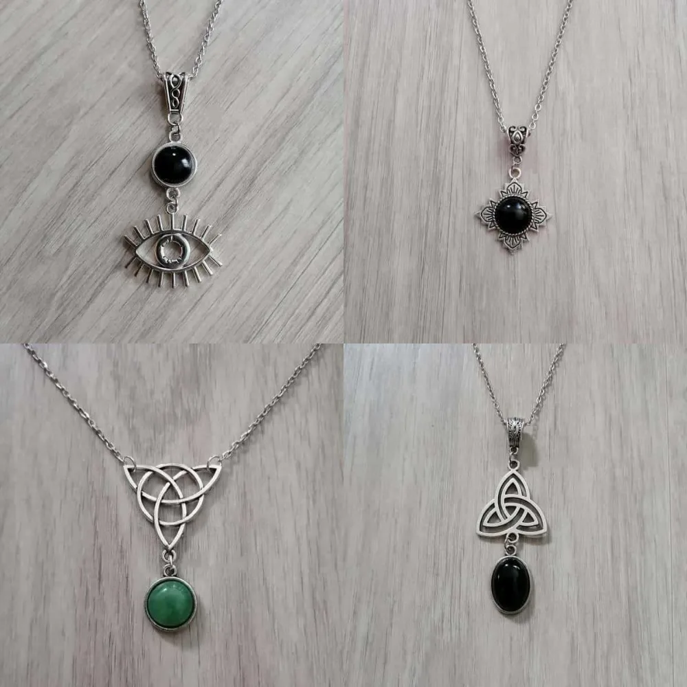 Collar con Colgante de Piedra Natural con Nudo Celta Calado en Color Plateado Gótico para Mujeres y Hombres, Joyería Pagana de Brujería para Fiestas de Halloween