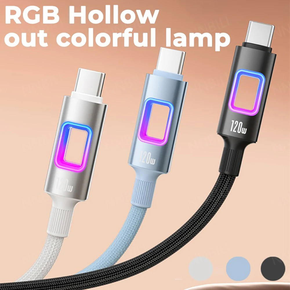 PD120W Type C To Type C Fast Charging Cable RGB USB C Phone Quick Charging Data Cord For IPhone Samsung Xiaomi Huawei 1M 1.5M 2M