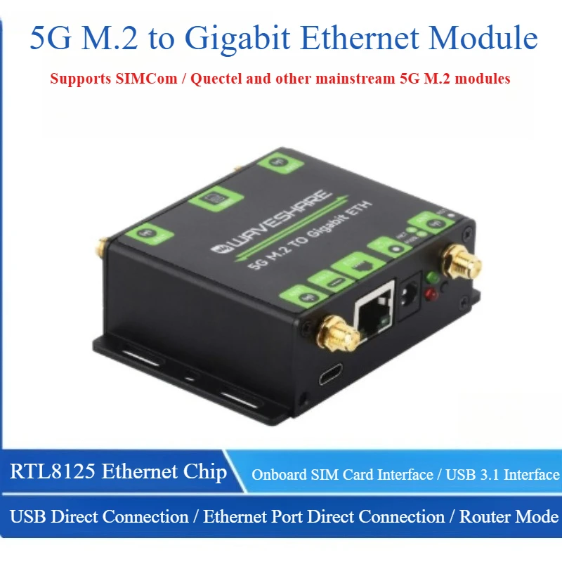 Waveshare 5G M.2 to USB3.1, 5G M.2 to Gigabit Ethernet Converter, Supports SIMCom / Quectel / Fibocom Mainstream 5G M.2 Modules