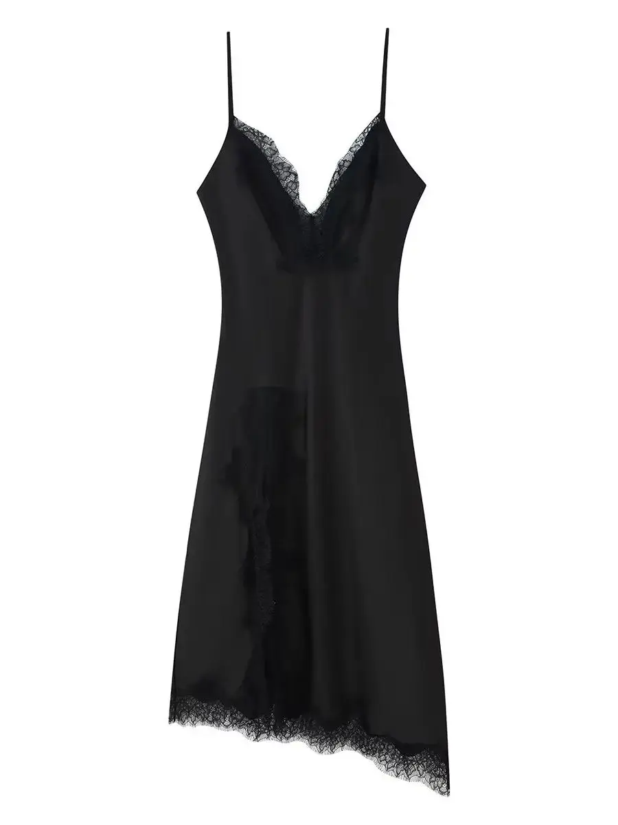 Robe à bretelles en dentelle pour femmes, tempérament polyvalent européen, Sexy, col en v, ourlet asymétrique, Robe en Satin de soie, 2025