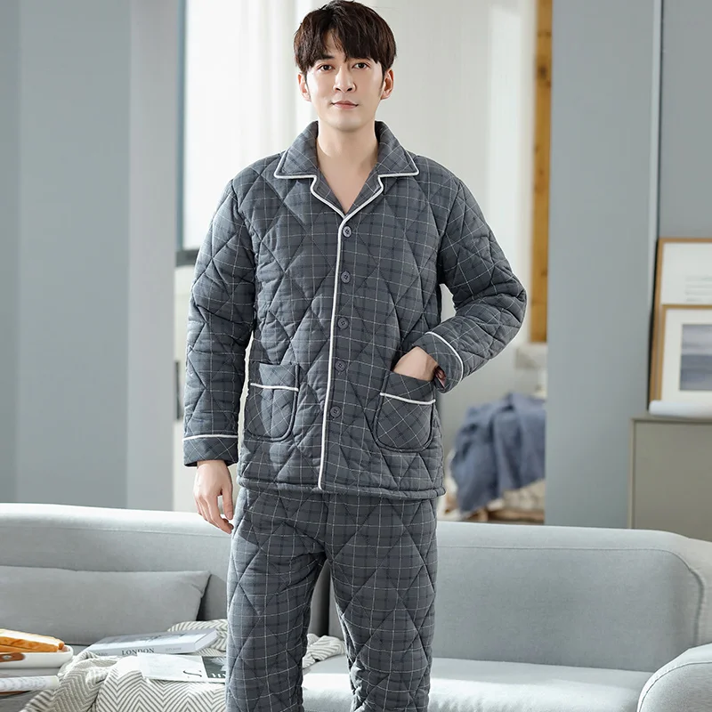 Quilted Men's Winter Pajamas Thick 3-layer Cotton Warm Pajama Sets Casual Plaid Pijama Home Wear Cozy Soft Keep Warm Loungewear