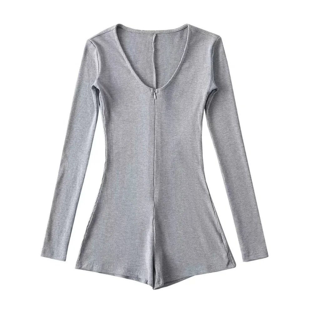 

Sweet Bodycon Y2K Slim Bodysuit V-Neck Zipper Long Sleeved Jumpsuit Seamless Yoga Clothes Jumpsuit Shorts Women Girl