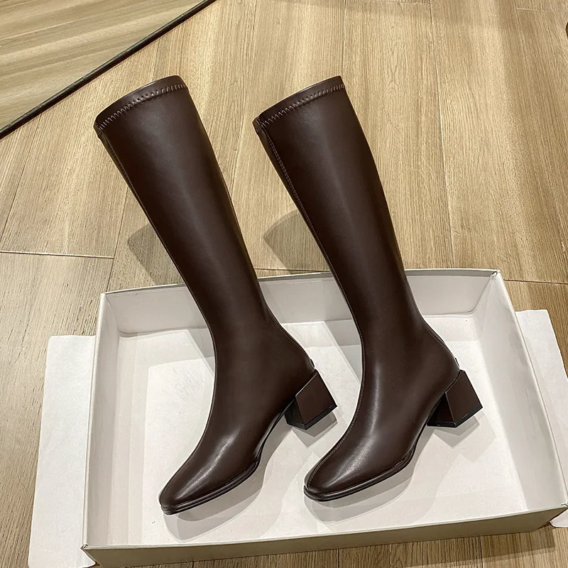 

2026 Women Square Toe Knee High Boots Block Heel Leather Riding Boots Elegant Winter Long Botas Casual Shoes Elegant Tall Boots