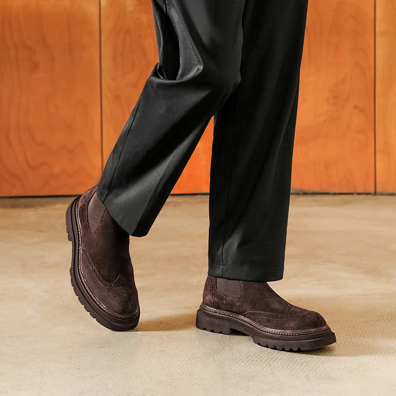 BEAUTODAY Ankle Boots Platform Men Cow Suede Chelsea Boots Round Toe Sewing Elastic Band Thick Sole Male Shoes 54230