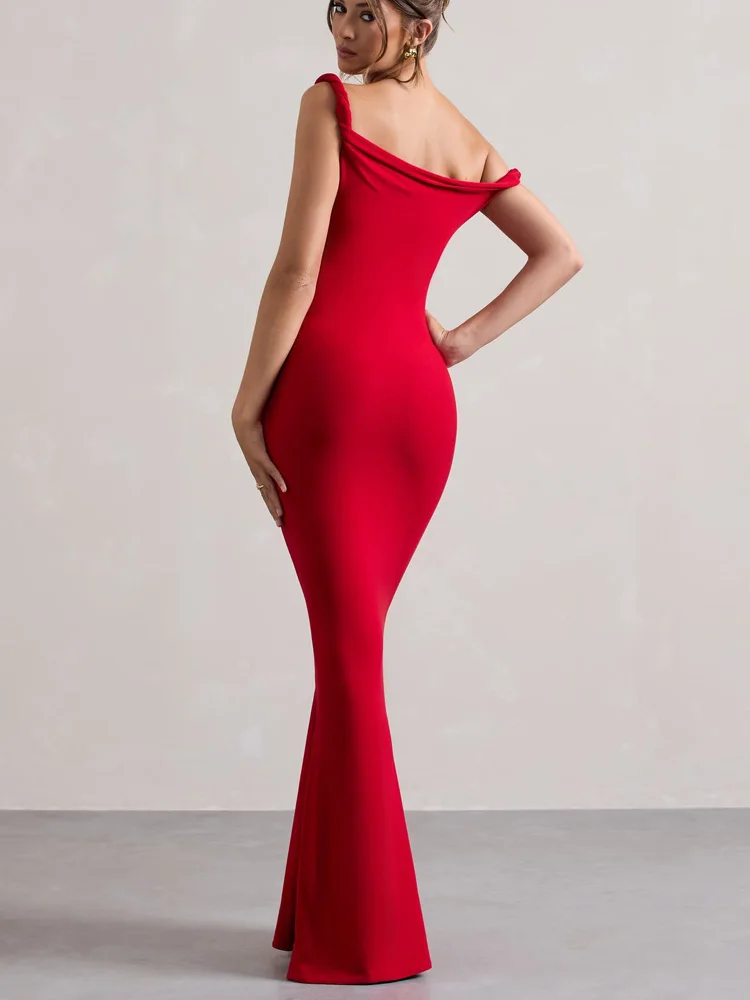 Moda mujer Sexy ceñido al cuerpo vestido de noche con cuello oblicuo elegante fuera del hombro sin mangas vestidos largos de fiesta nueva ropa de Color sólido