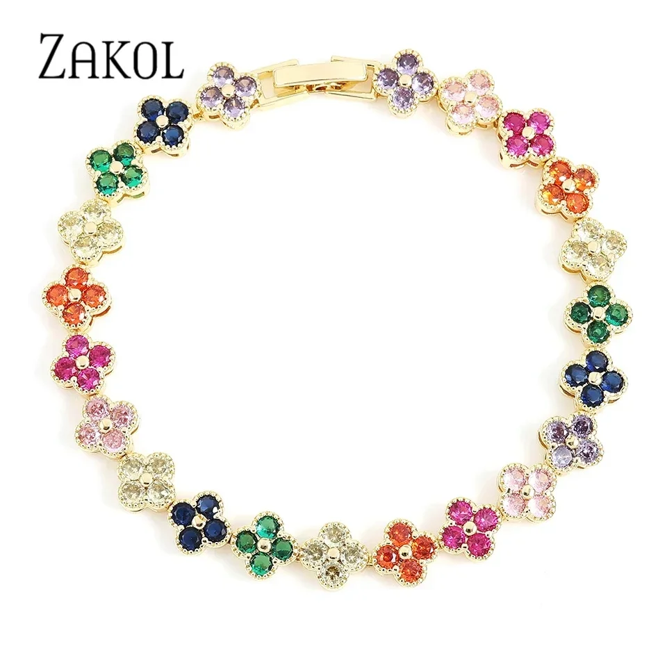 ZAKOL Korean Fashion Random Colorful Zircon Flower Plant Bracelets For Women Dopamine Girls Jewelry Party Accessories