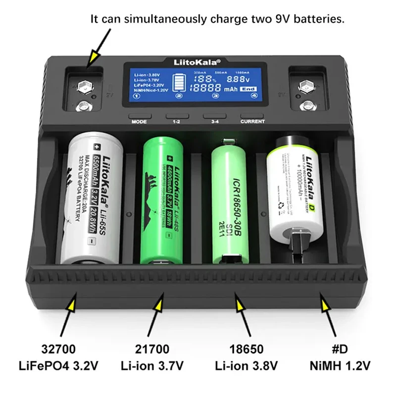 LiitoKala Lii-D4XL 21700 18650 3.7V Li-ion 3.2V LiFePO4 1.2V NiMH/Cd 26650 26700 32700 D AA AAA 9V LCD Display Battery Charger