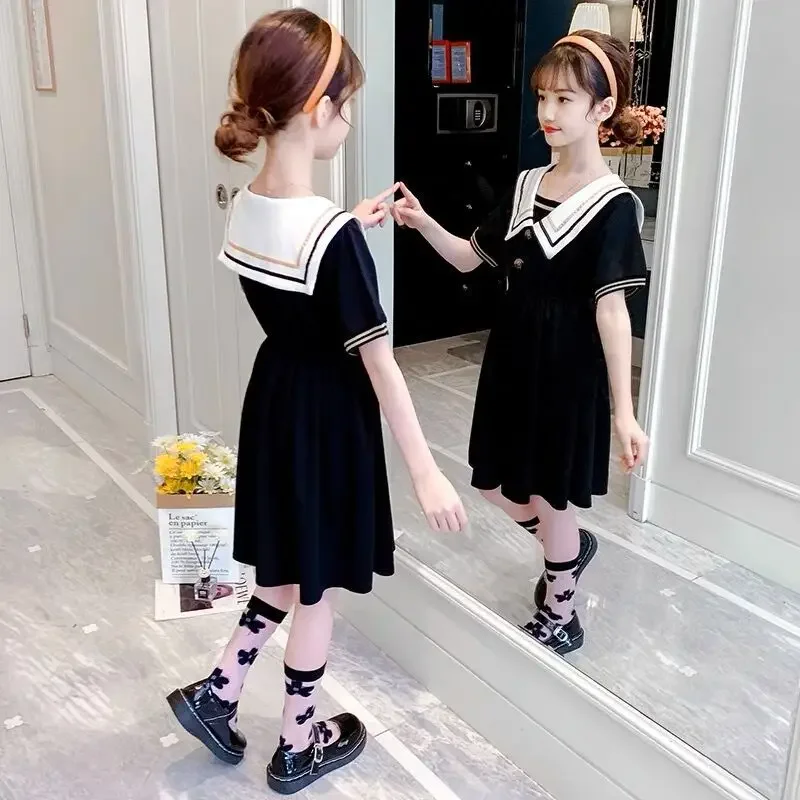 2024 preppy summer Kids patchwork Child Clothes Teenager School sailor bow JK striped Uniform Dress Girls Daily Wear 6 9 12 yaer