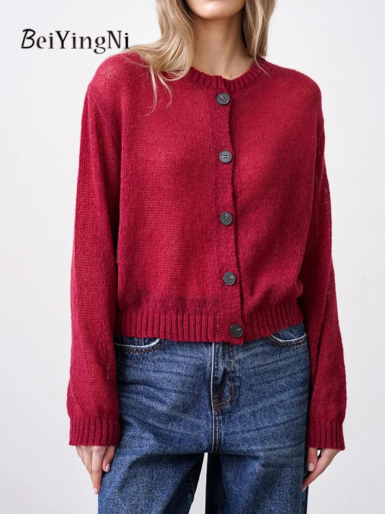 

Beiyingni Women Cardigan Solid Color Minimalist Fall Winter Lazy Style Sweater Woman's Casual Fashion Tops White Red Knitwear