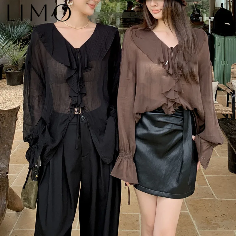

LIMO Elegant Ruffle V-Neck Blouse - Drawstring Cuff & Tie Belt Loose Shirt, Slimming Fashion Women's Top,Chic Versatile Blouse
