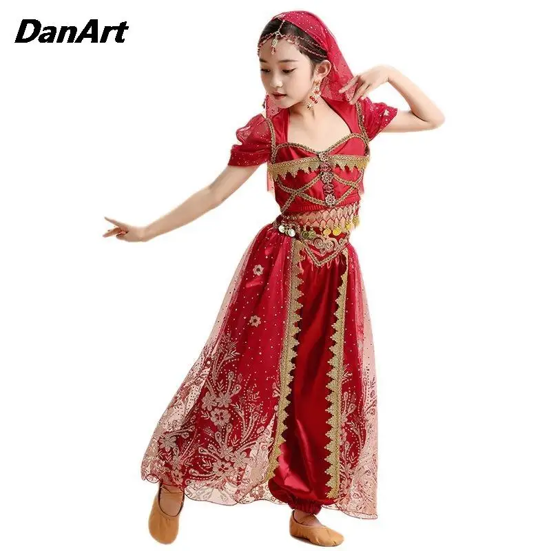 Vestido de princesa Jasmine para niños, conjunto de traje de danza del vientre para niñas, vestido de práctica de actuación, ropa de entrenamiento