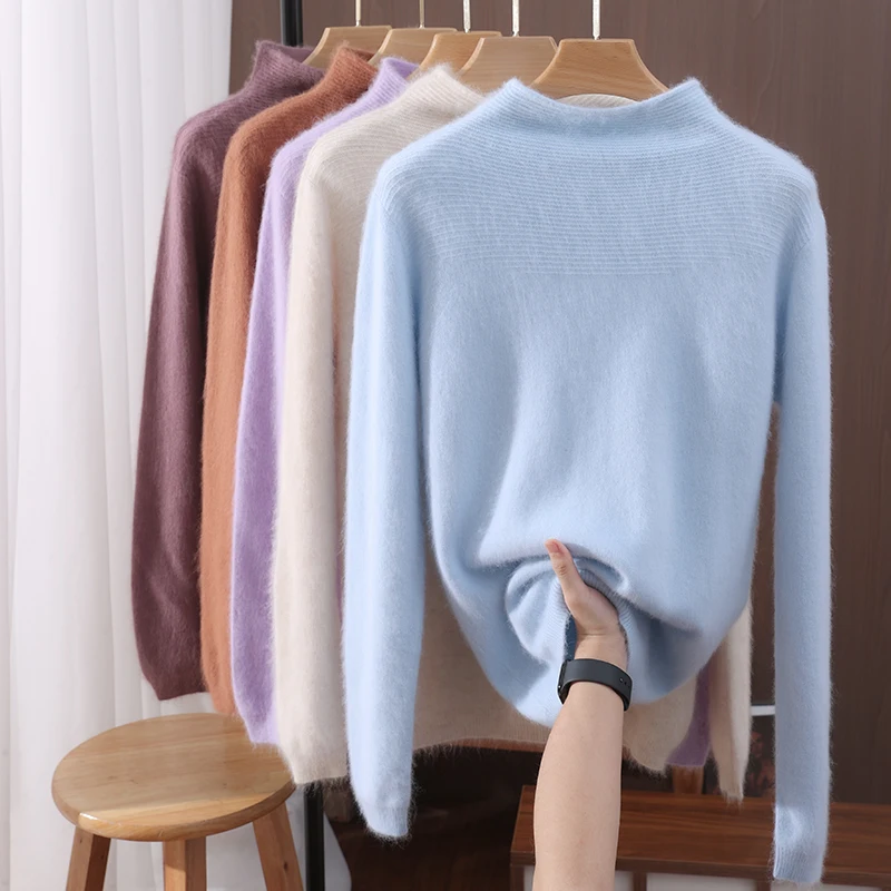 หนาสีทึบ Mink CASHMERE เสื้อกันหนาวฤดูใบไม้ร่วงและฤดูหนาวผู้หญิงกึ่งสูงคอหลวม Jacquard เสื้อขนสัตว์ Bottoming เสื้อ