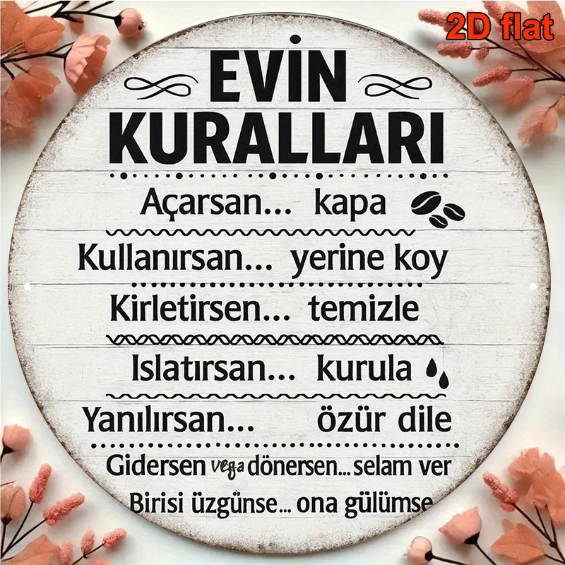 HD Tin Sign, Evin Kurallari Turkish House Rules Round Metal Wall Art, Vintage Home Decor