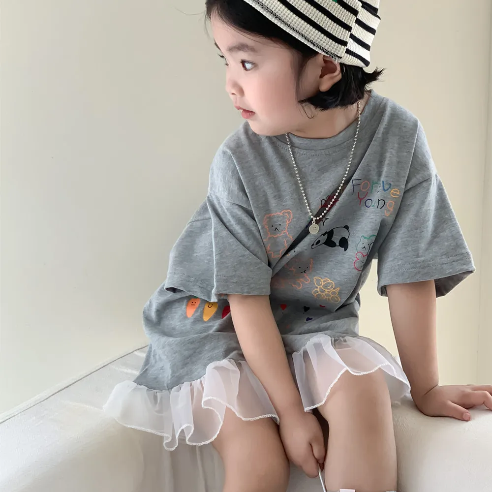 2024 summer new Korean girls' grey printed short-sleeved T-shirt skirt mid-length baby girls' T dress80-140cm