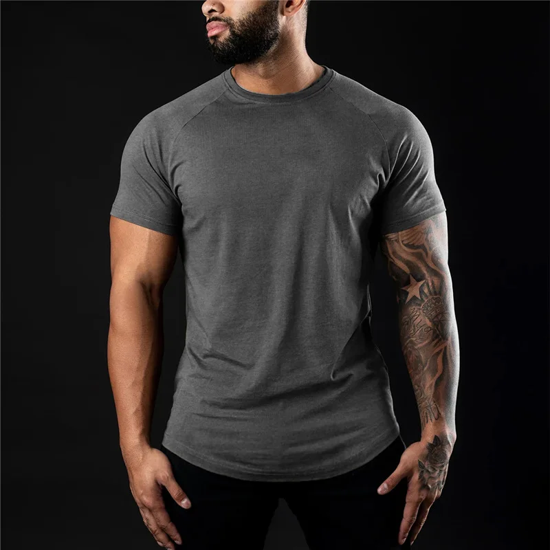 Camiseta lisa de gimnasio para hombre, ropa de Fitness de verano, camiseta de manga corta con cuello redondo, Camiseta ajustada de algodón,