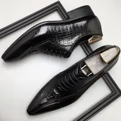 HKDQ Men's Genuine Leather Black Brown Oxfords Classic Dress Shoes Crocodile Pattern Handmade Office Business Formal Shoes Men