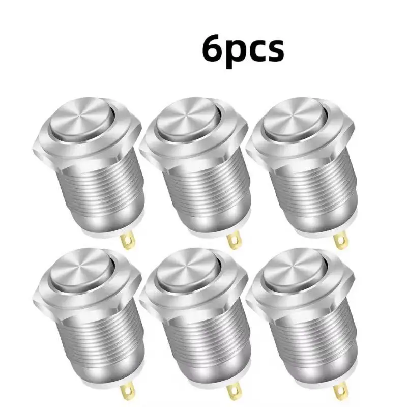 6pcs 12mm Momentary Push Button Switch 12V Waterproof Power Pushbutton Small Round Chrome Stainless Metal 2pin N/O