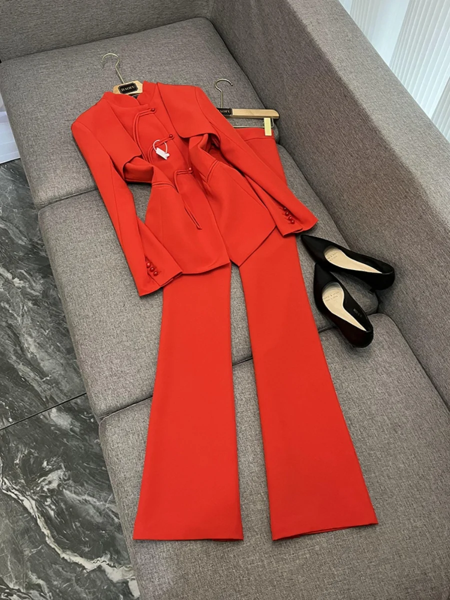 

Красный новый китайский женский костюм с мощной атмосферой Ele Godd Look, элитный комплект, женский комплект Faion 20086