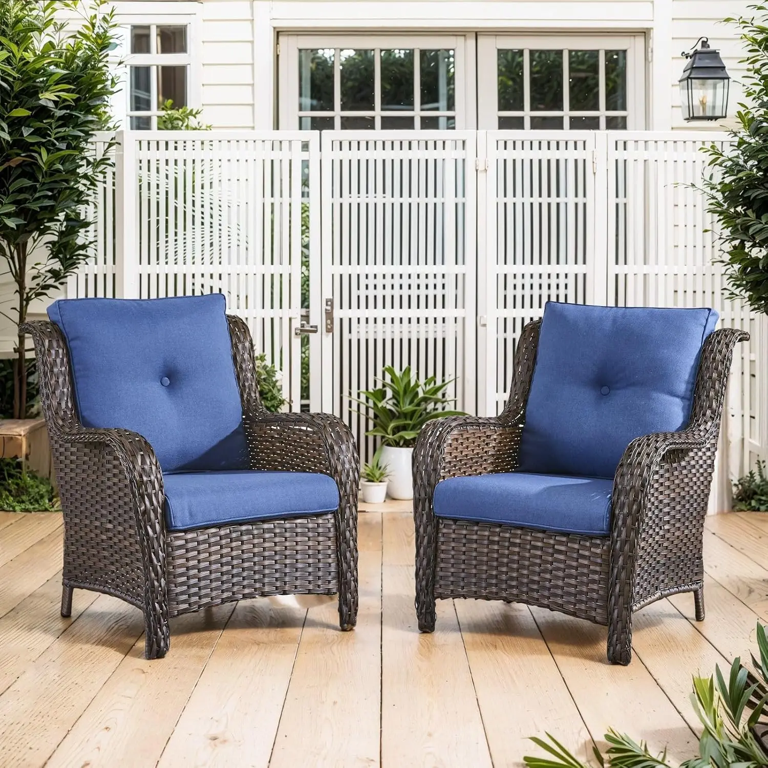 

High Back Patio Chairs Set of 2 - Brown Wicker Chairs Outdoor Seating, 4" Wide Armrests Rattan Outdoor Club Chair, Customized