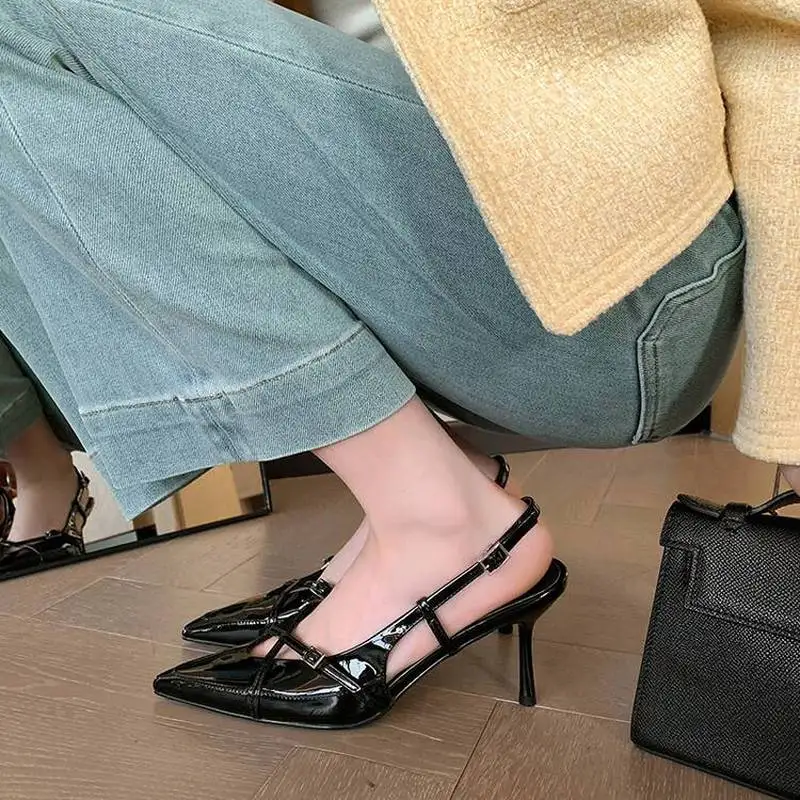 Women Denim Sheep Leather Slingback Pumps Pointed Toe Cross Buckle Thin Stiletto Heel Sheep Lining Summer Sandals F127 view 6
