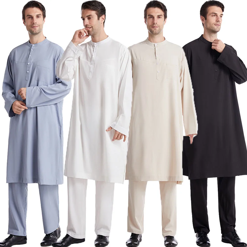 

Saudi Mens Jubba Jubbah Thobe Dress Dubai Abaya Muslim Long Sleeve Tops Pant Set Eid Ramadan Islam Clothes Middle East Arab Suit