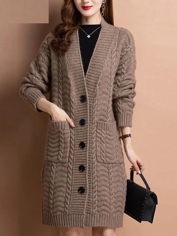 New Women Autumn Long Sleeve Loose Fashionable V Neck Temperament Knitted Sweater Cardigans Basic Causal Coat Tops 2023