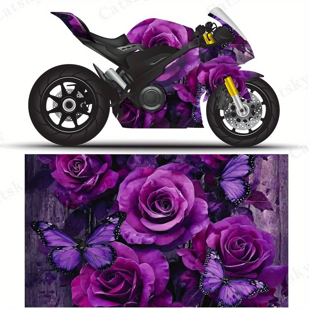 Purple Roses & Butterflies Motorcycle Film Stickers, Durable PVC Adhesive Decals for Motorcycle Customization, Weather-Resistant