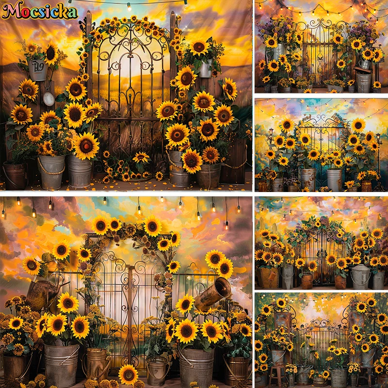 

Mocsicka Photography Background Summer Sunset Sunflower Wooden Door Decor Birthday Cake Smash Kid Portrait Backdrop Photo Studio